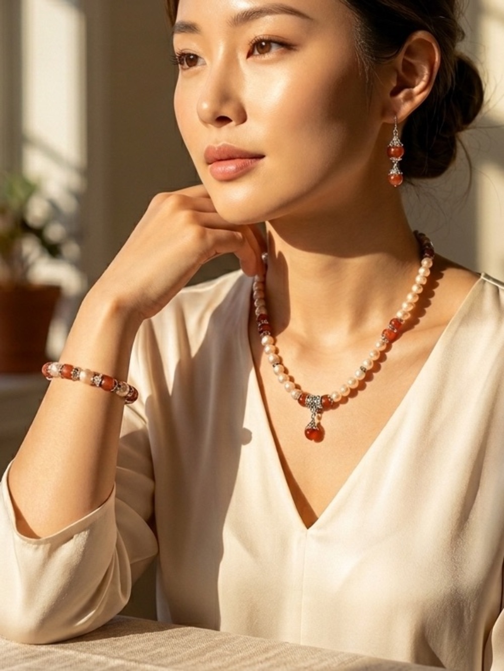 Artisan Freshwater Pearl and Strawberry Quartz Bead Necklace with Silver Accent